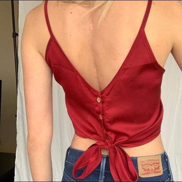 Red Silky Tie Up Top - Picture 3 of 3